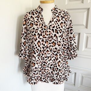 Hapsho Leopard Animal Print Women's Blouse Half Sleeves Ruffles Size XL